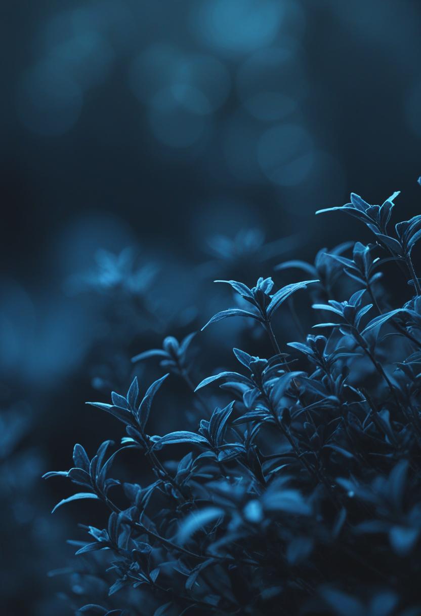 Dark wallpaper with blue plants in shadowy darkness.