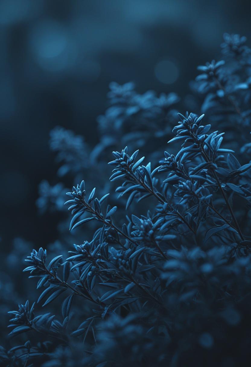 Dark blue wallpaper with lush green plants.