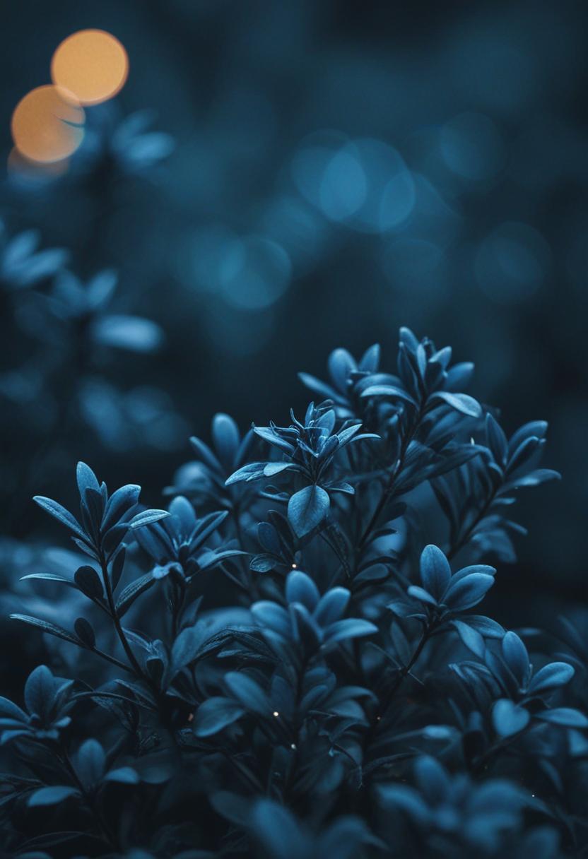 Dark blue wallpaper with green plant accents.