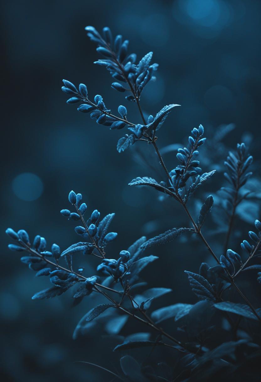 Dark blue wallpaper with lush green plants.