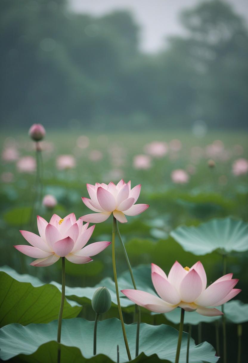 Elegant lotus flowers in a serene wallpaper design.