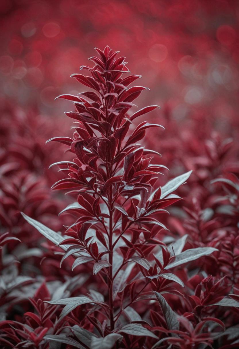 Velvet red wallpaper with lush green plants.