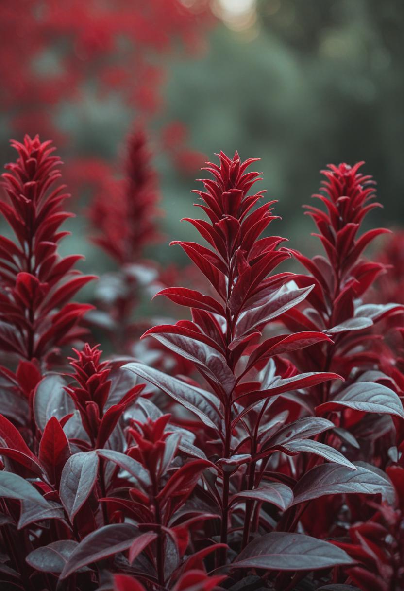 Luxurious red velvet wallpaper with lush green plants.