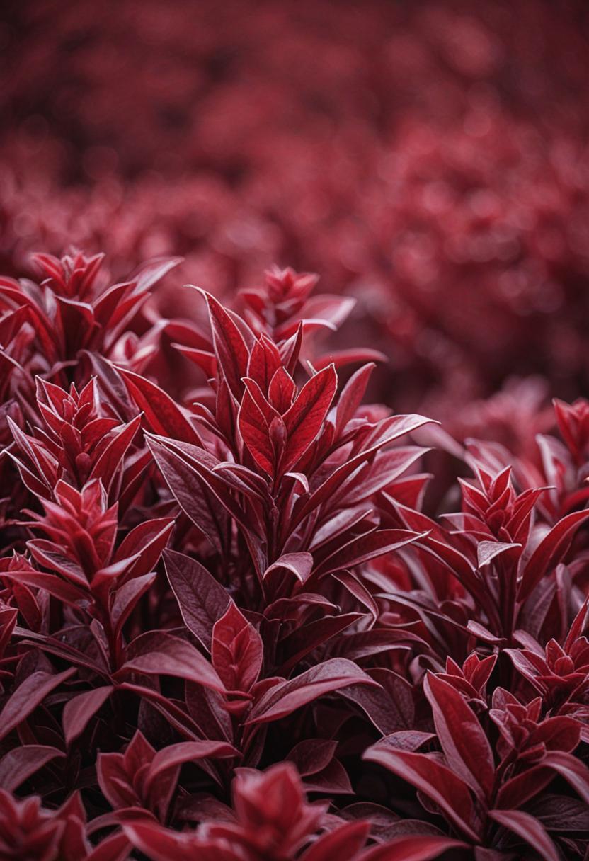 Velvet red wallpaper with lush green plants.