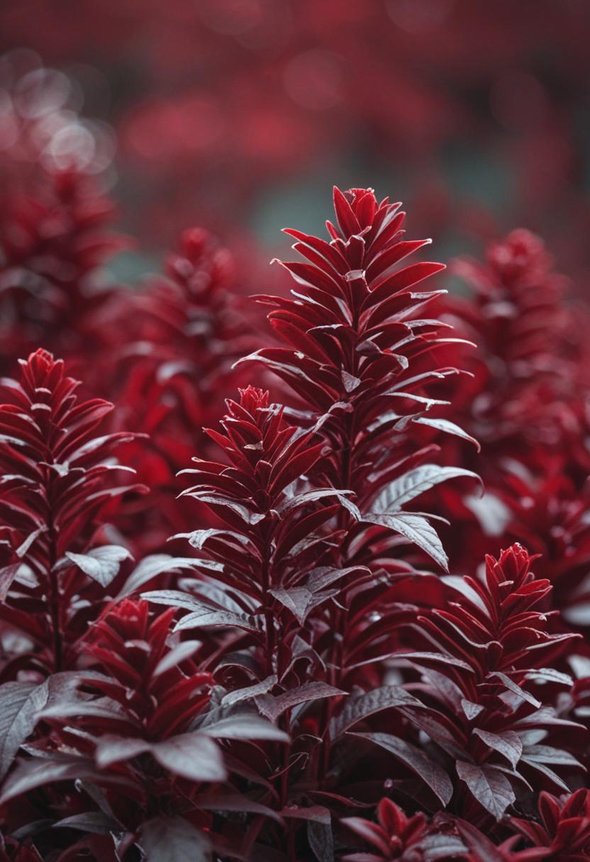 Luxurious red velvet wallpaper with vibrant green plants.