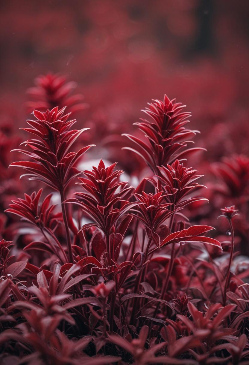 Velvet red wallpaper with lush green plants.