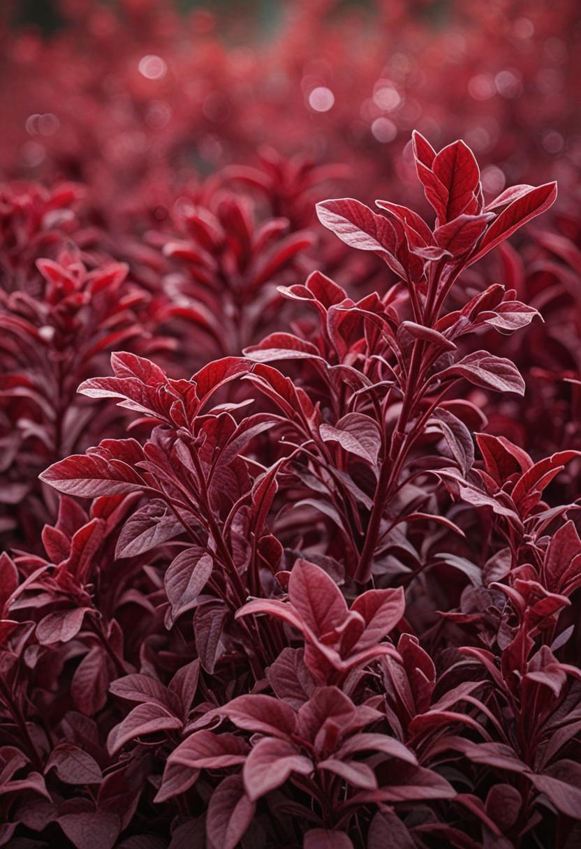 Velvet red wallpaper with lush green plants.
