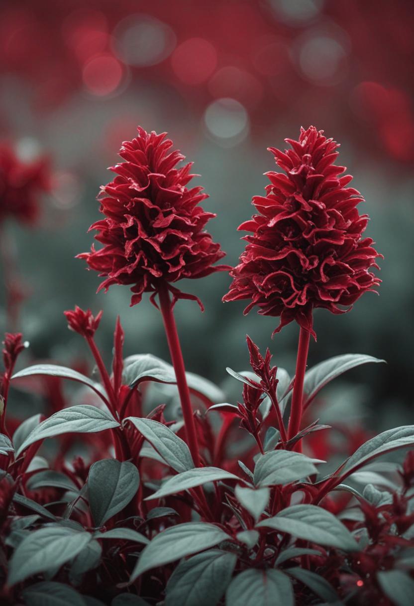 Velvet red wallpaper with lush green plants.