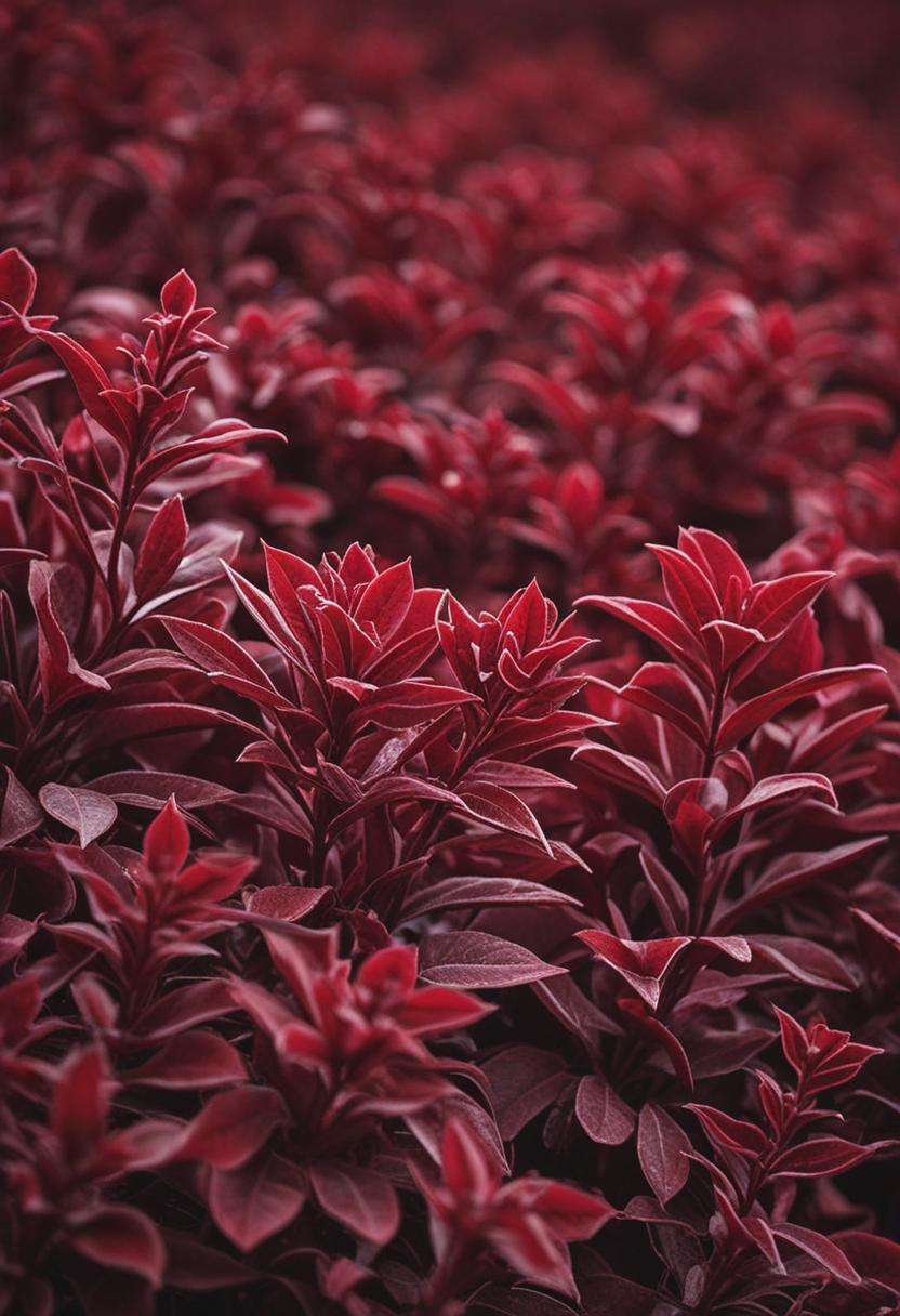 Velvet red walls with lush green plant life.