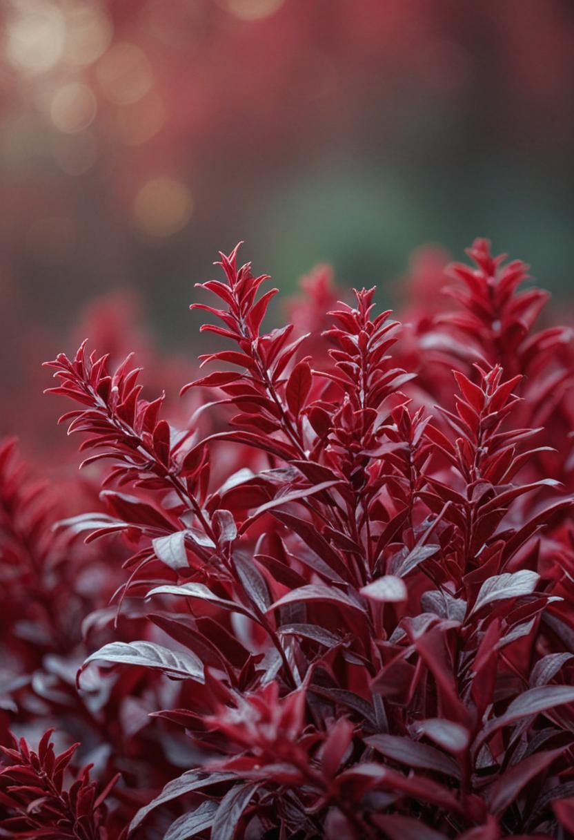 Velvet red wallpaper with lush green plants.
