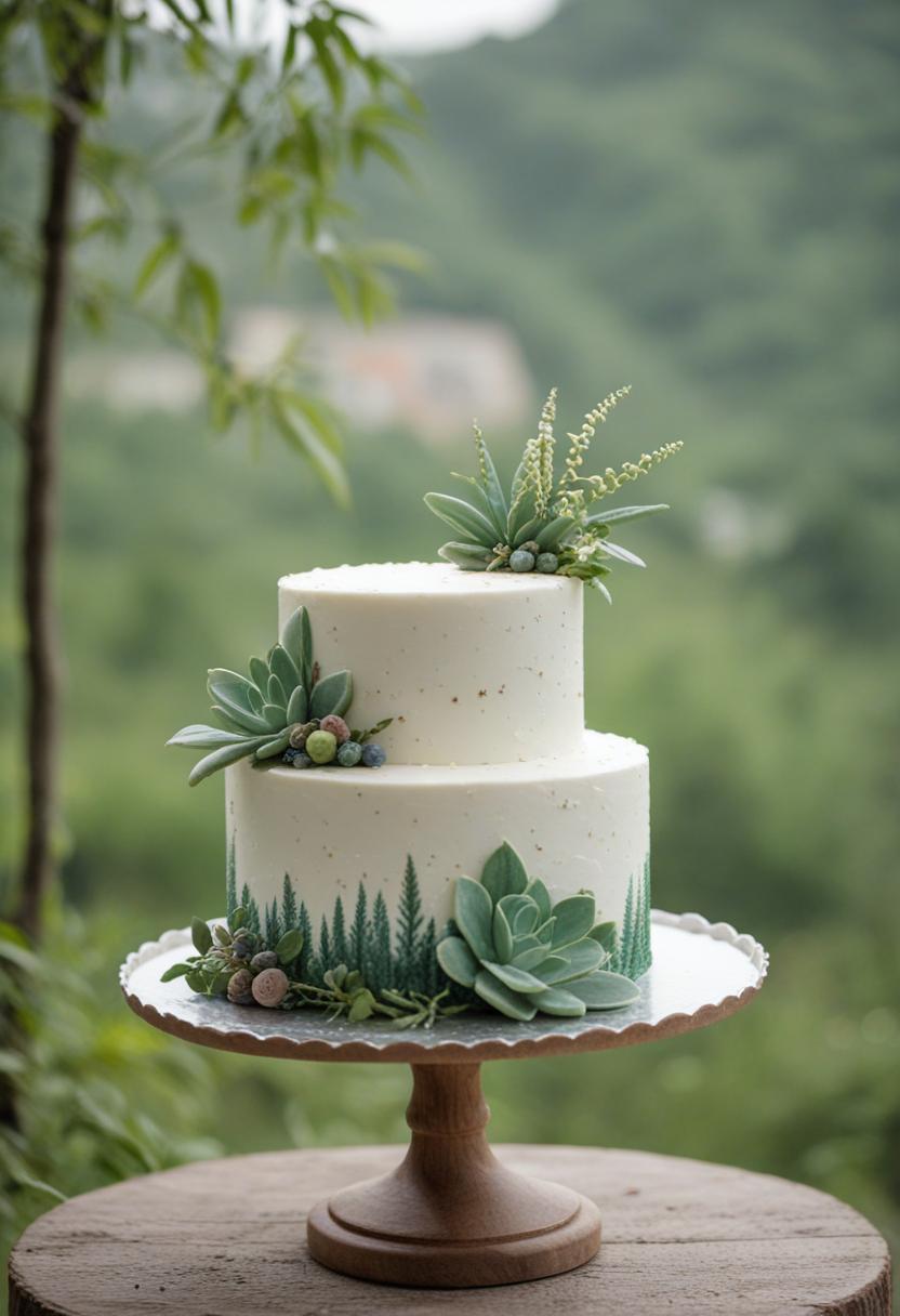 Plant-themed anniversary cake with greenery and flowers.