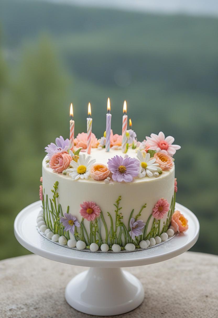Birthday cake with floral designs and colorful decorations.