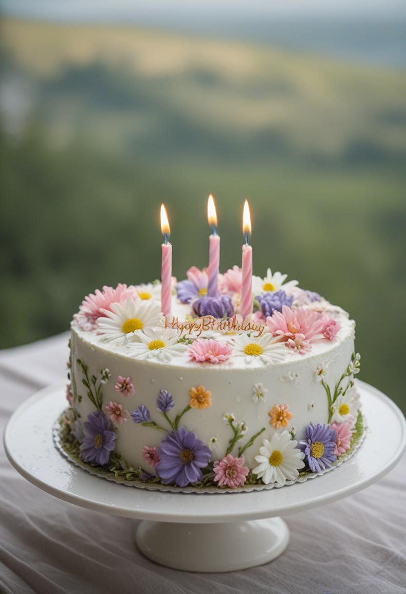 Birthday cake with floral designs and creative ideas.