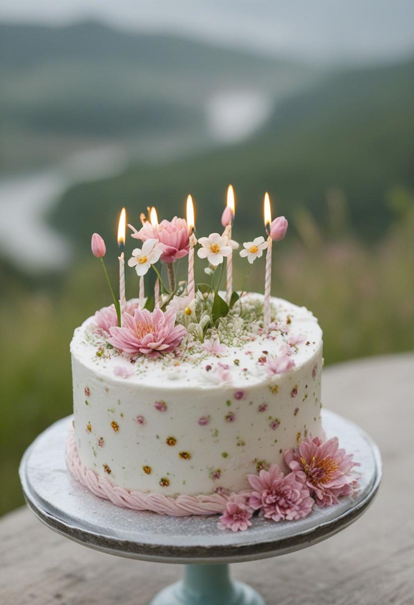 Delicate flower designs on a birthday cake.