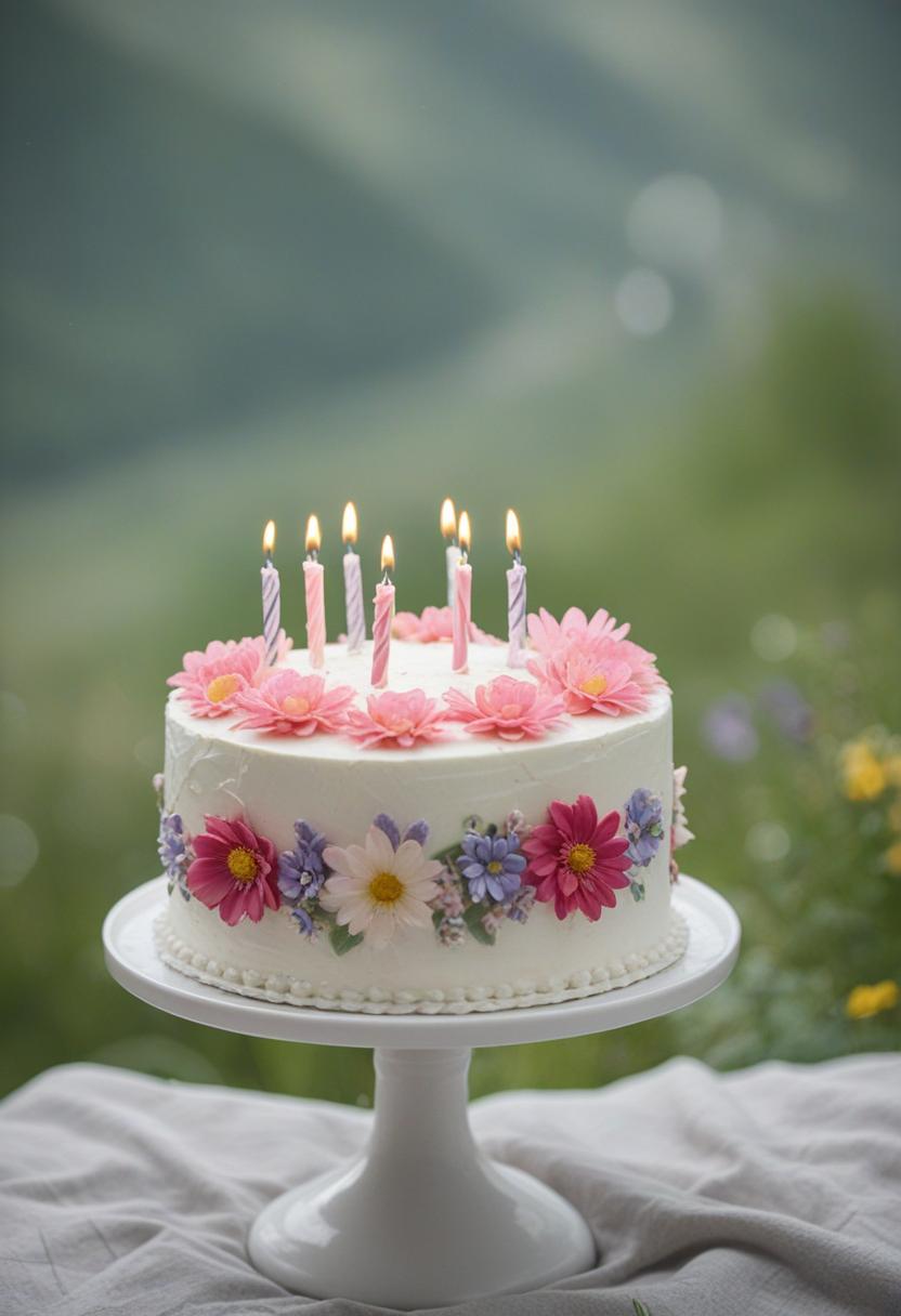 Birthday cake with floral designs and colorful decorations.