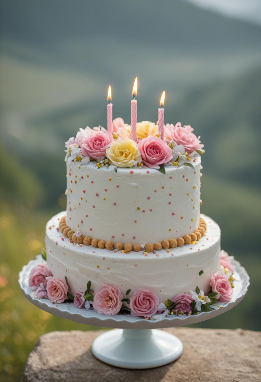 Delicate flower designs on a birthday cake.