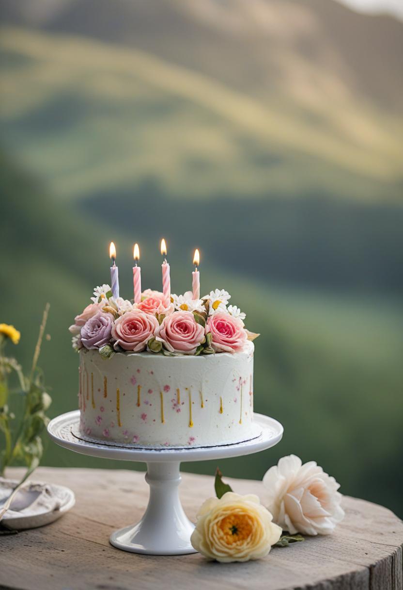 Birthday cake with floral designs and creative ideas.