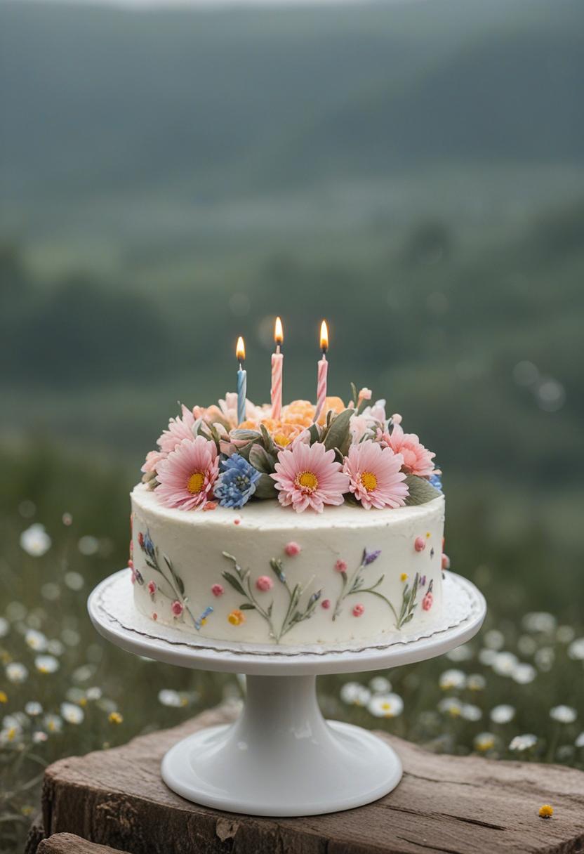 Birthday cake with floral designs and colorful decorations.