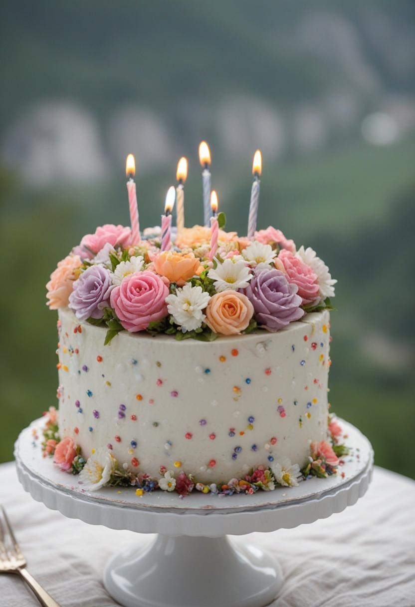 Birthday cake with floral designs and creative ideas.