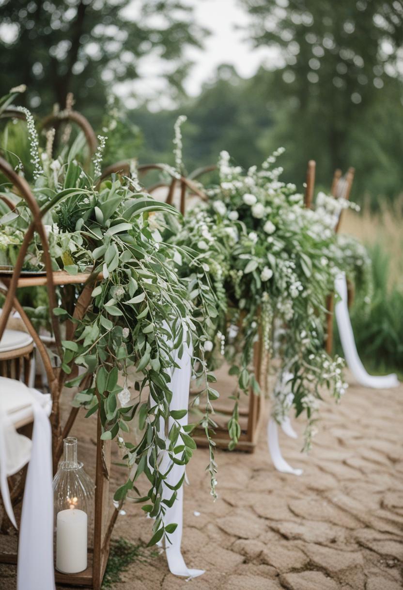 Nature-inspired wedding decor with plants and ornaments.