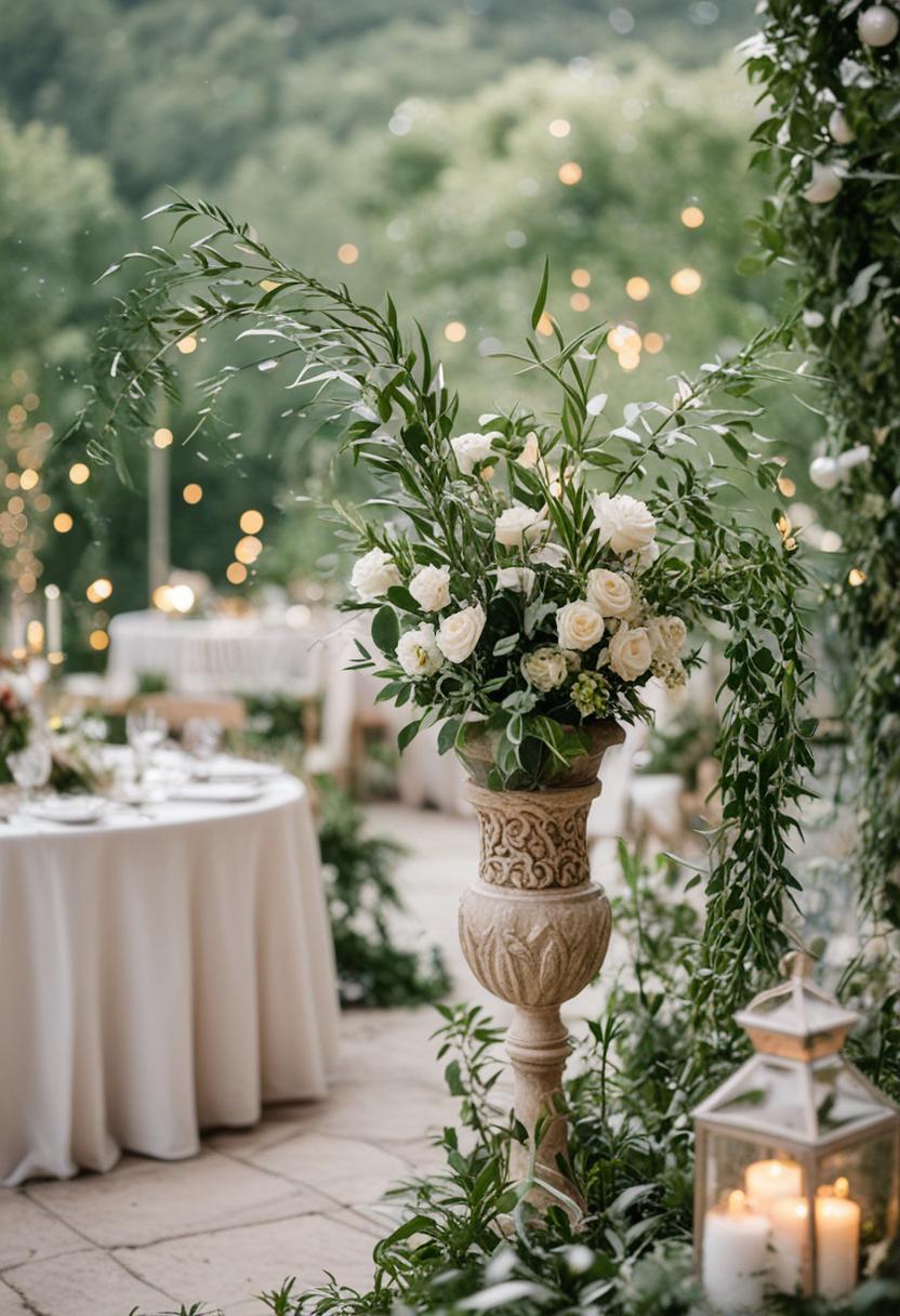 Nature-inspired wedding decor with plants and ornaments.
