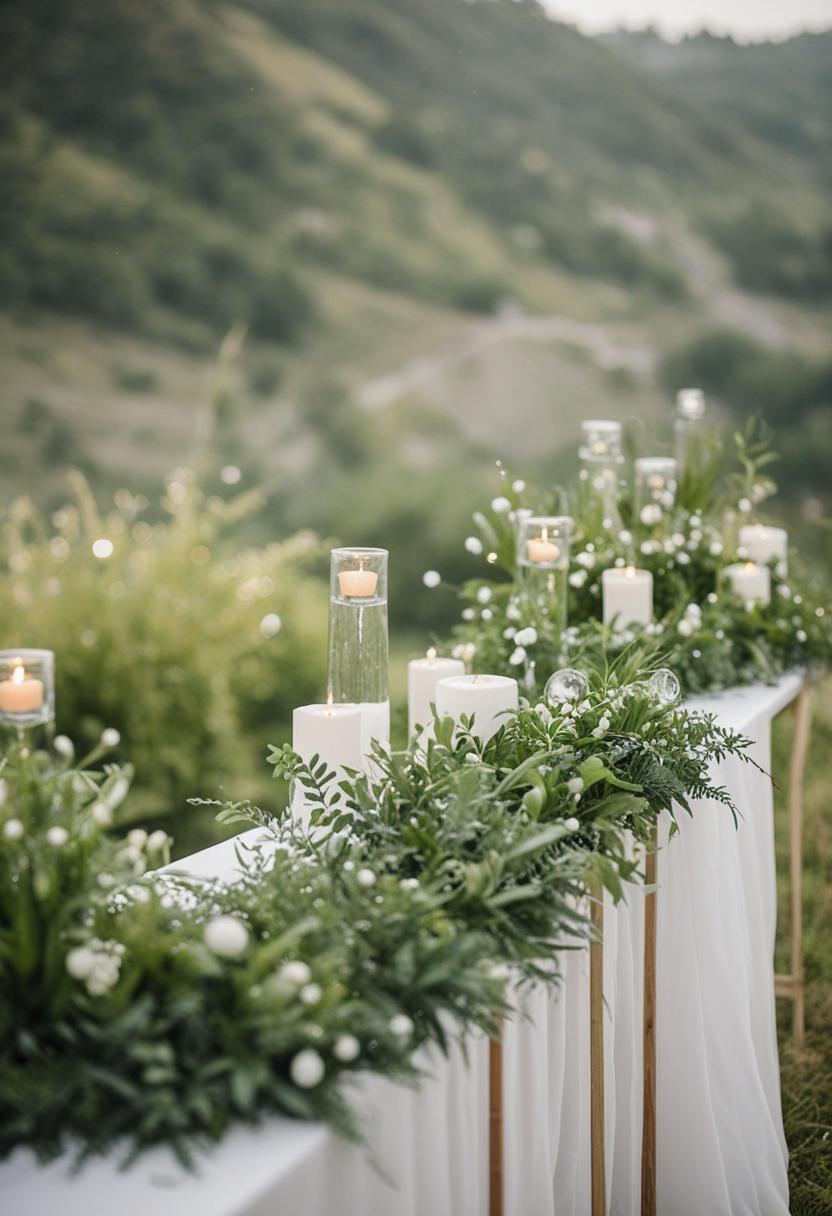 Nature-inspired wedding decor with plants and ornaments.