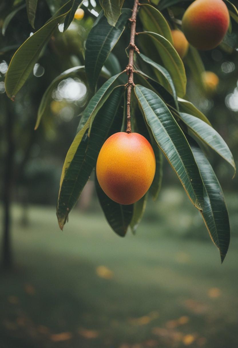 Juicy mango in tropical setting.