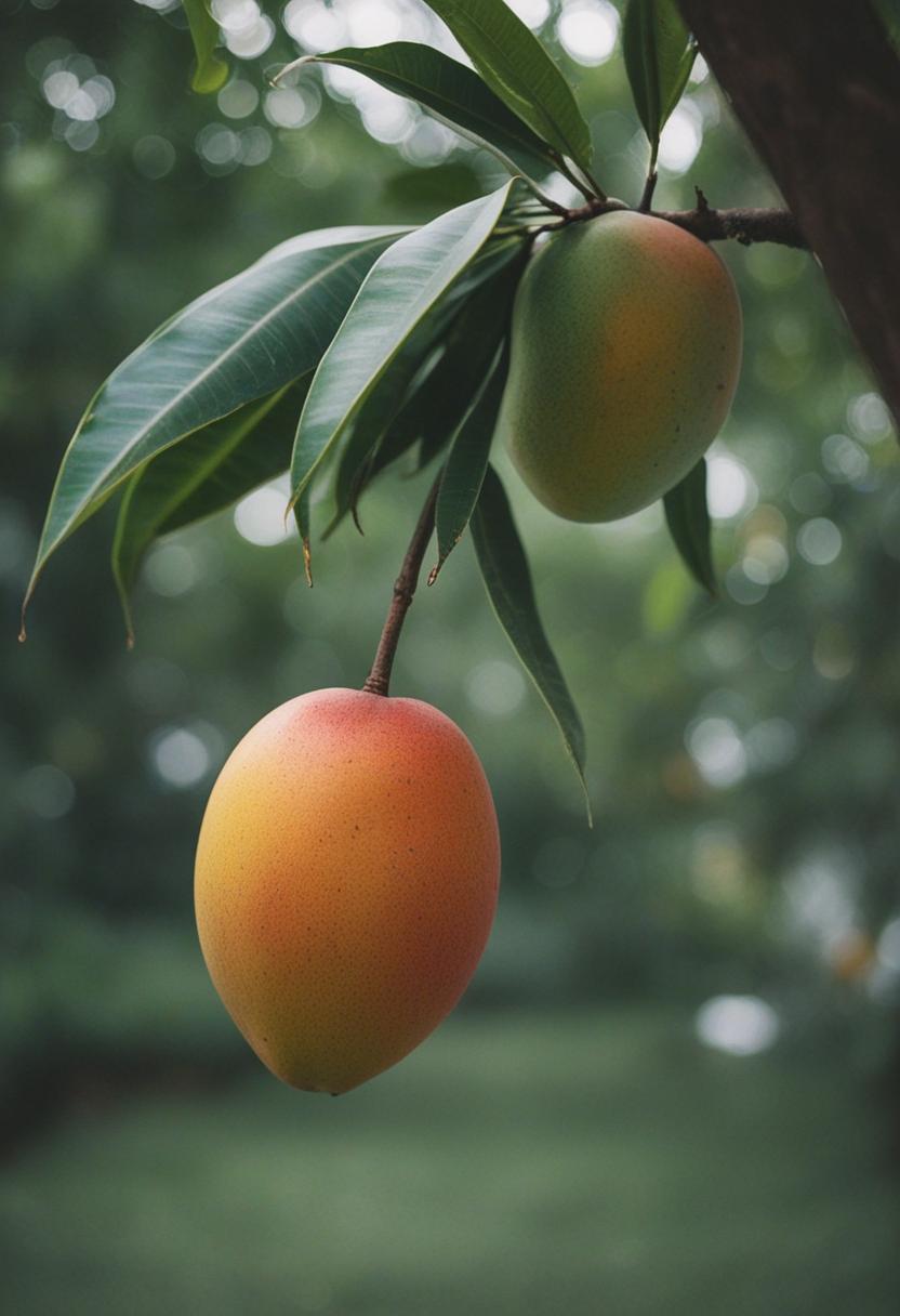Juicy mango in tropical setting.
