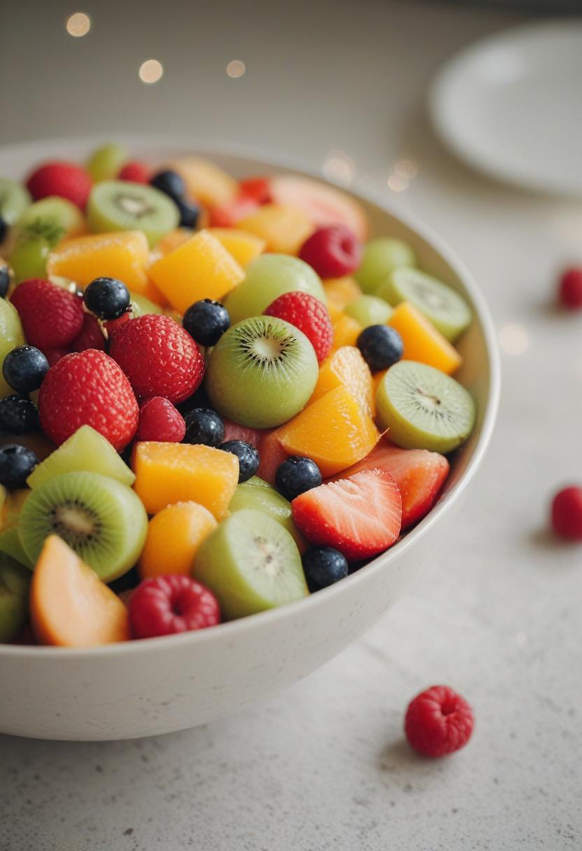 Vibrant fruit salad colors in striking contrast.