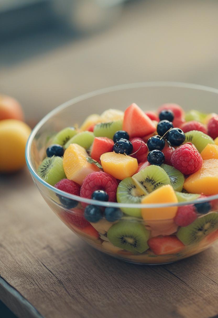 Vibrant fruit salad with colorful arrangement.