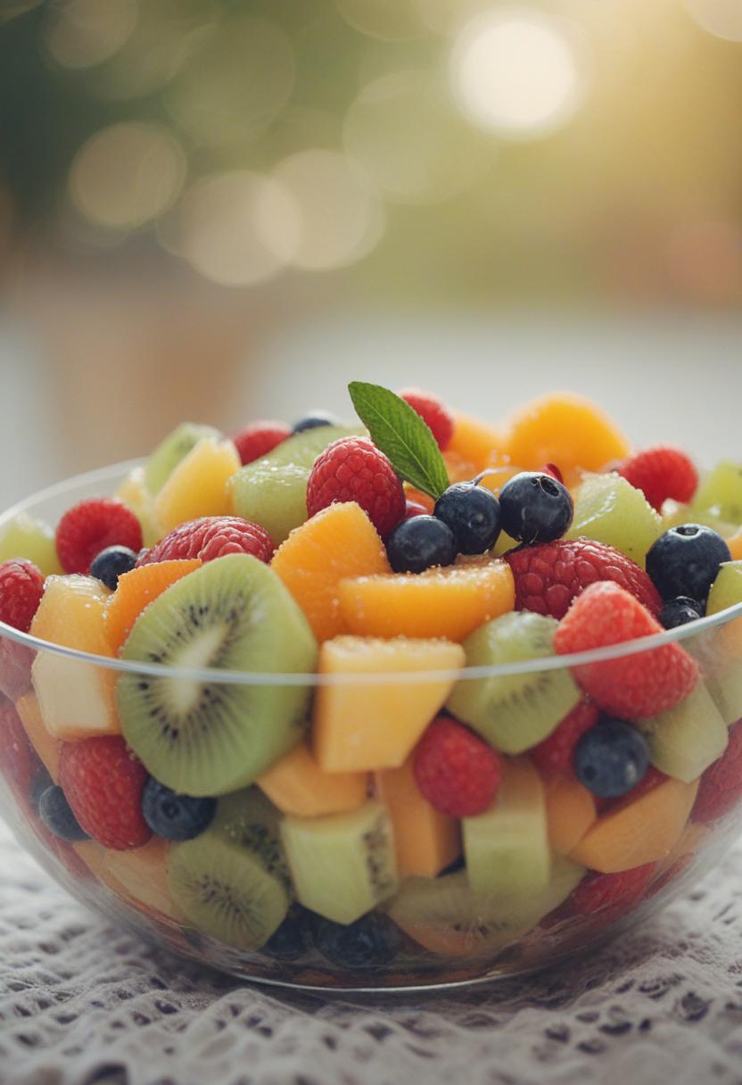 Vibrant fruit salad with colorful fruit arrangement.
