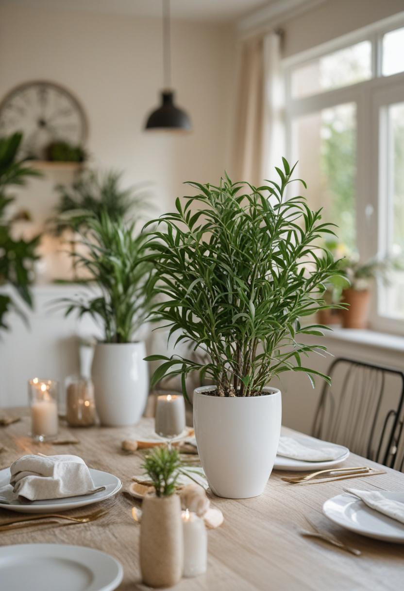 Elegant dining room with lush plant arrangement.