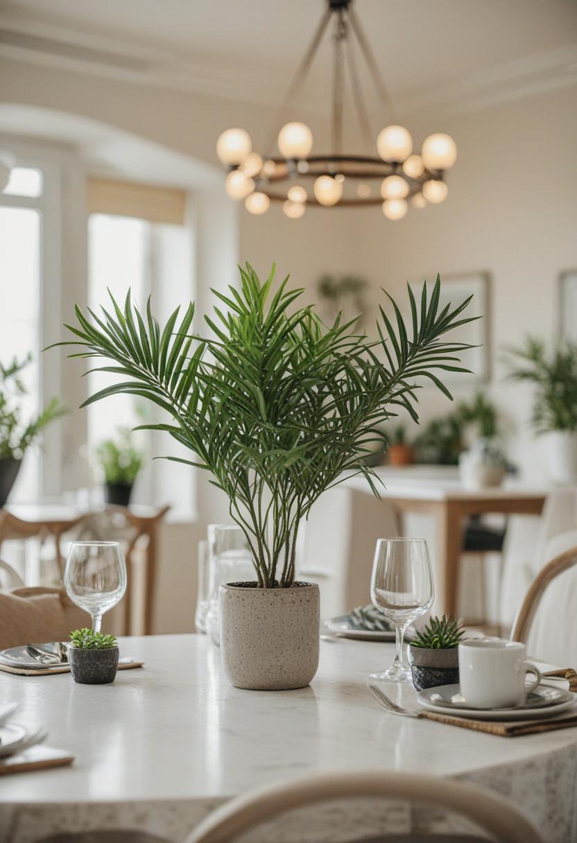 Elegant dining room decor with plant ornaments.