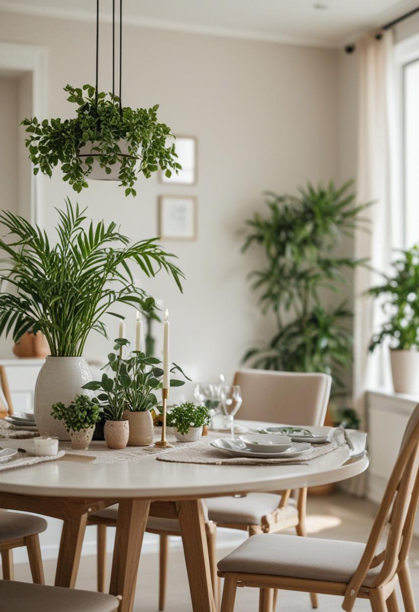 Elegant dining room with plant decorations.