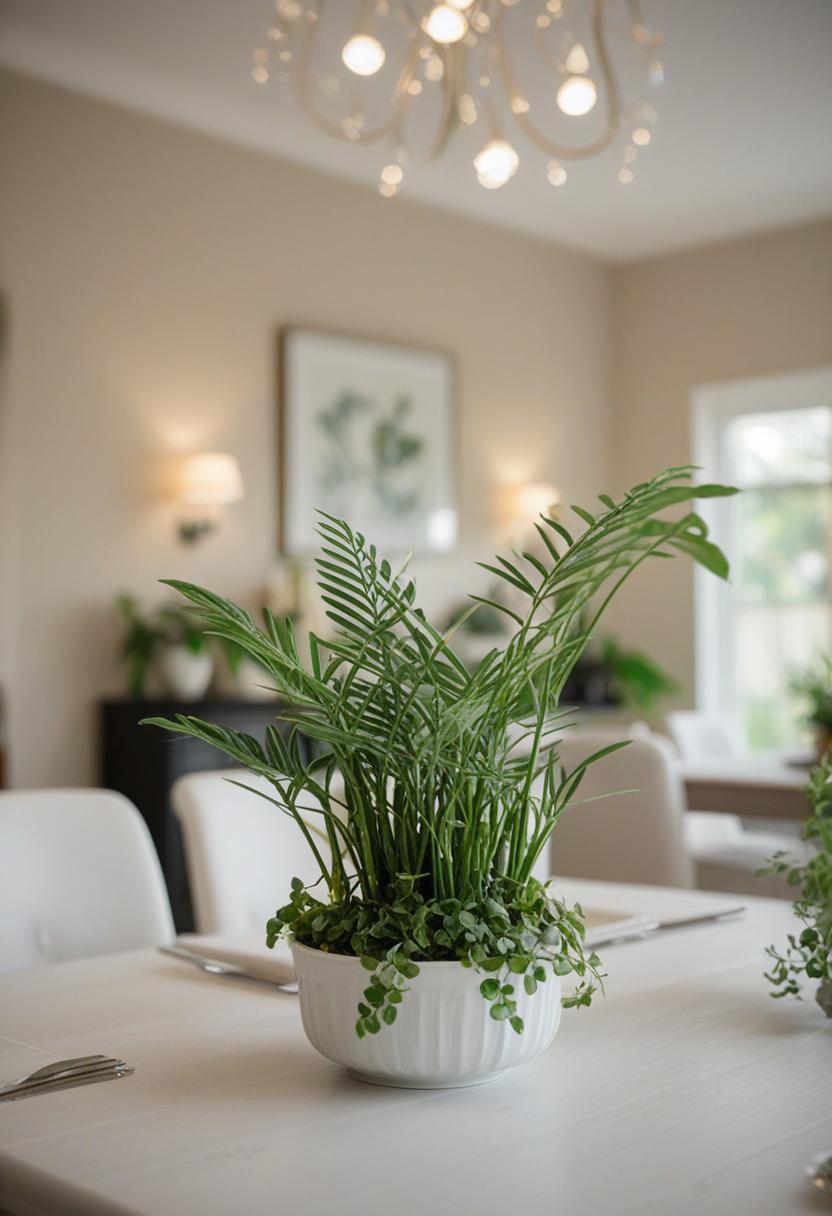 Elegant dining room with lush plant decor.