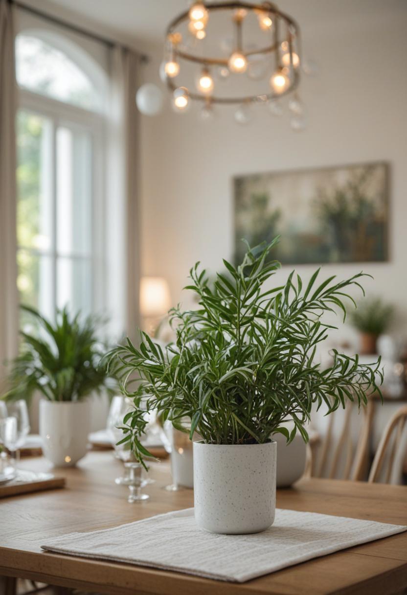 Elegant dining room with lush plant decor.