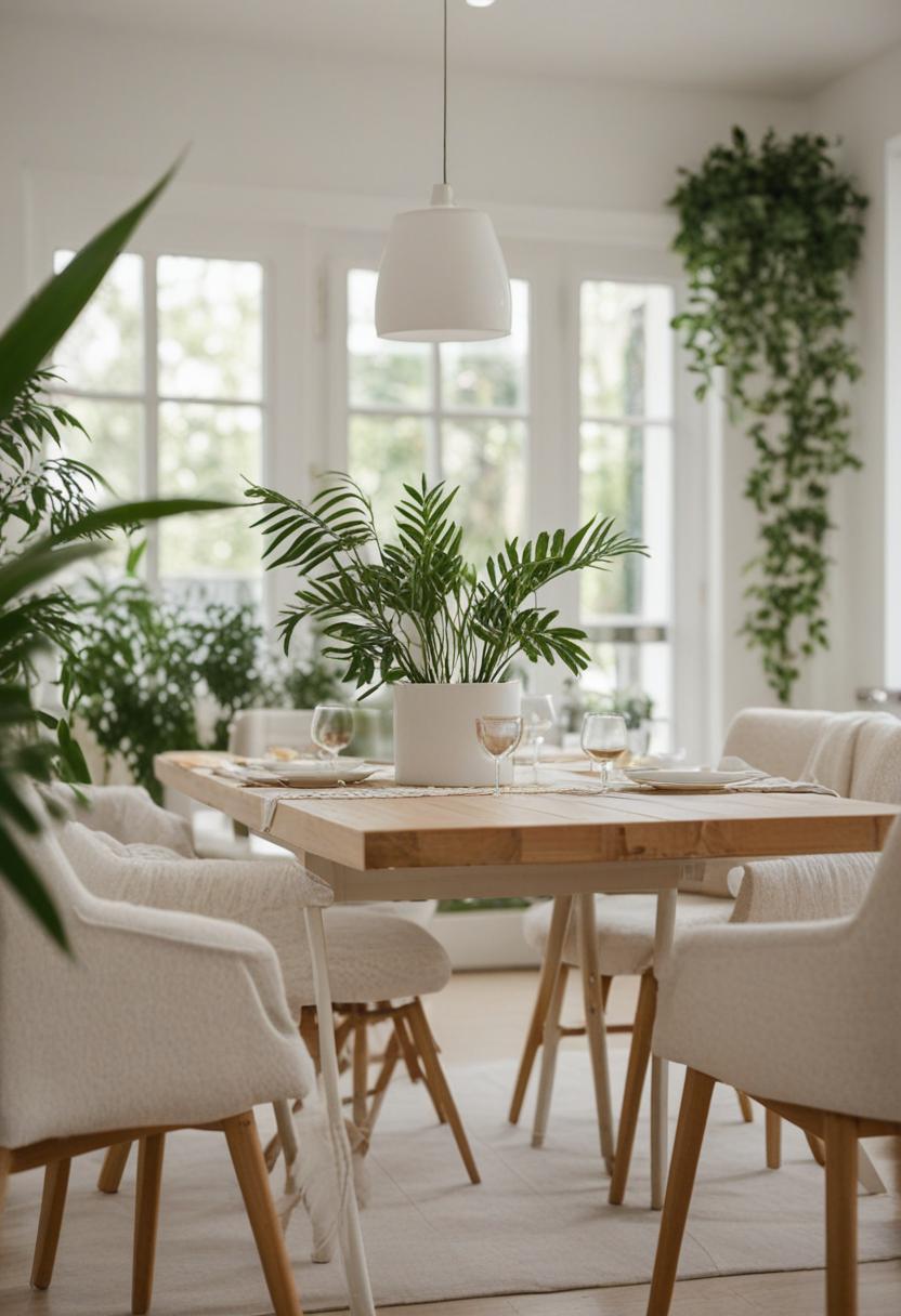 Elegant dining room with lush green plants and decorative accents.