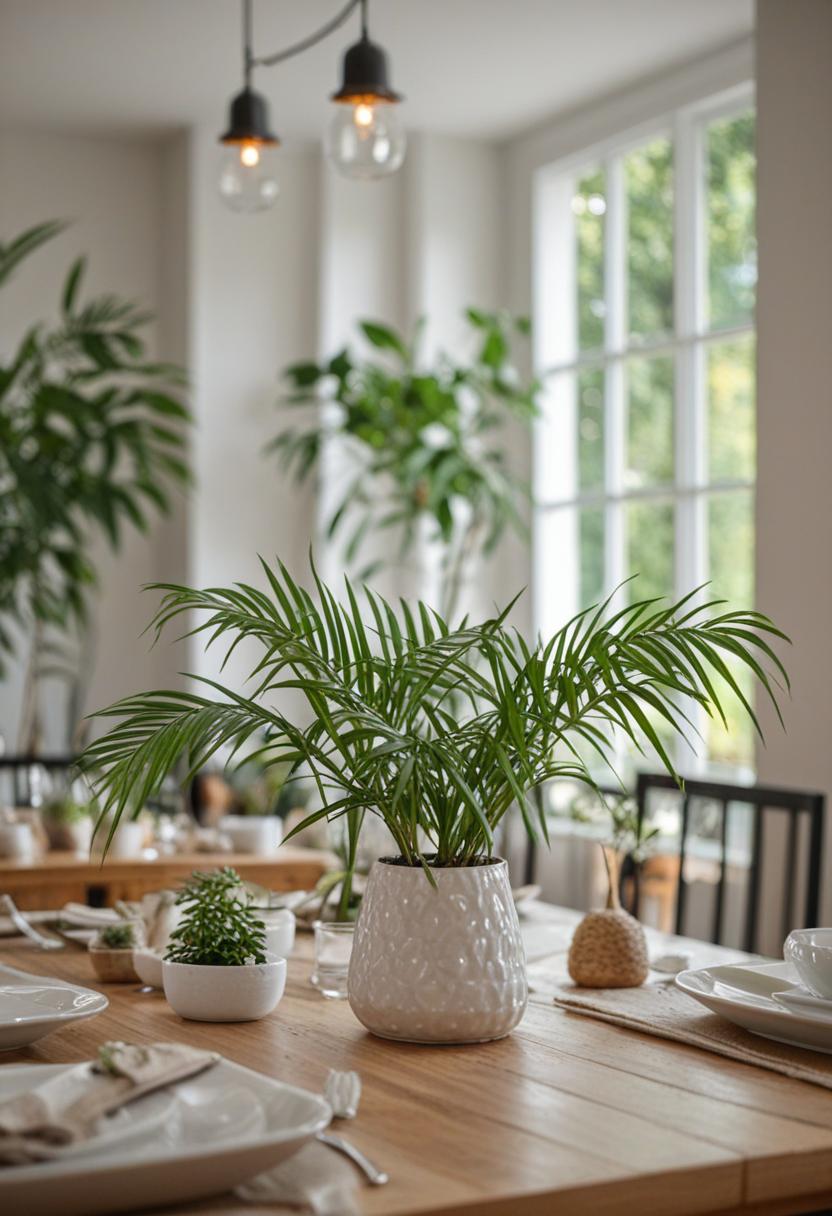 Elegant dining room with lush plant arrangement.