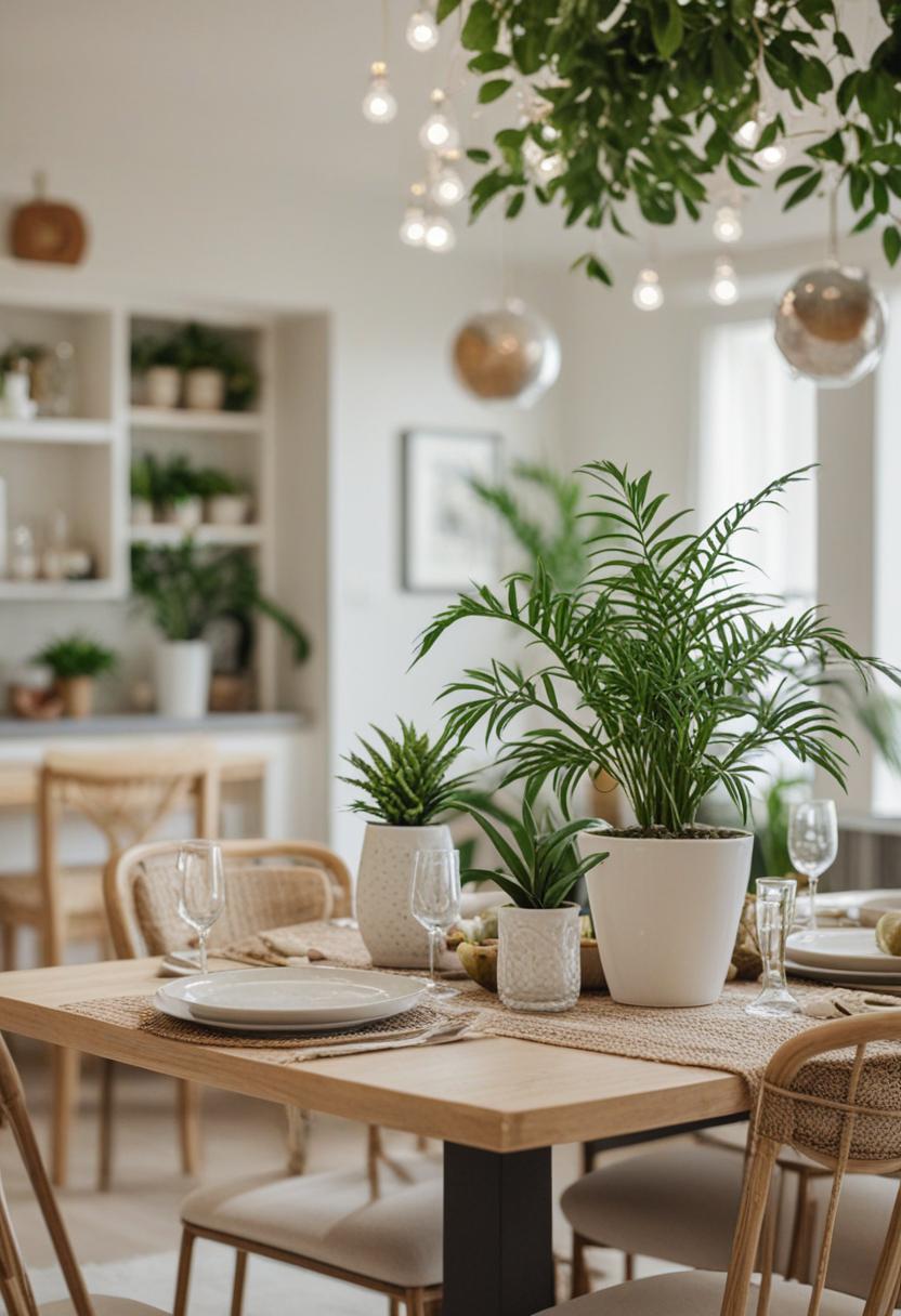 Elegant dining room with lush plant arrangement.
