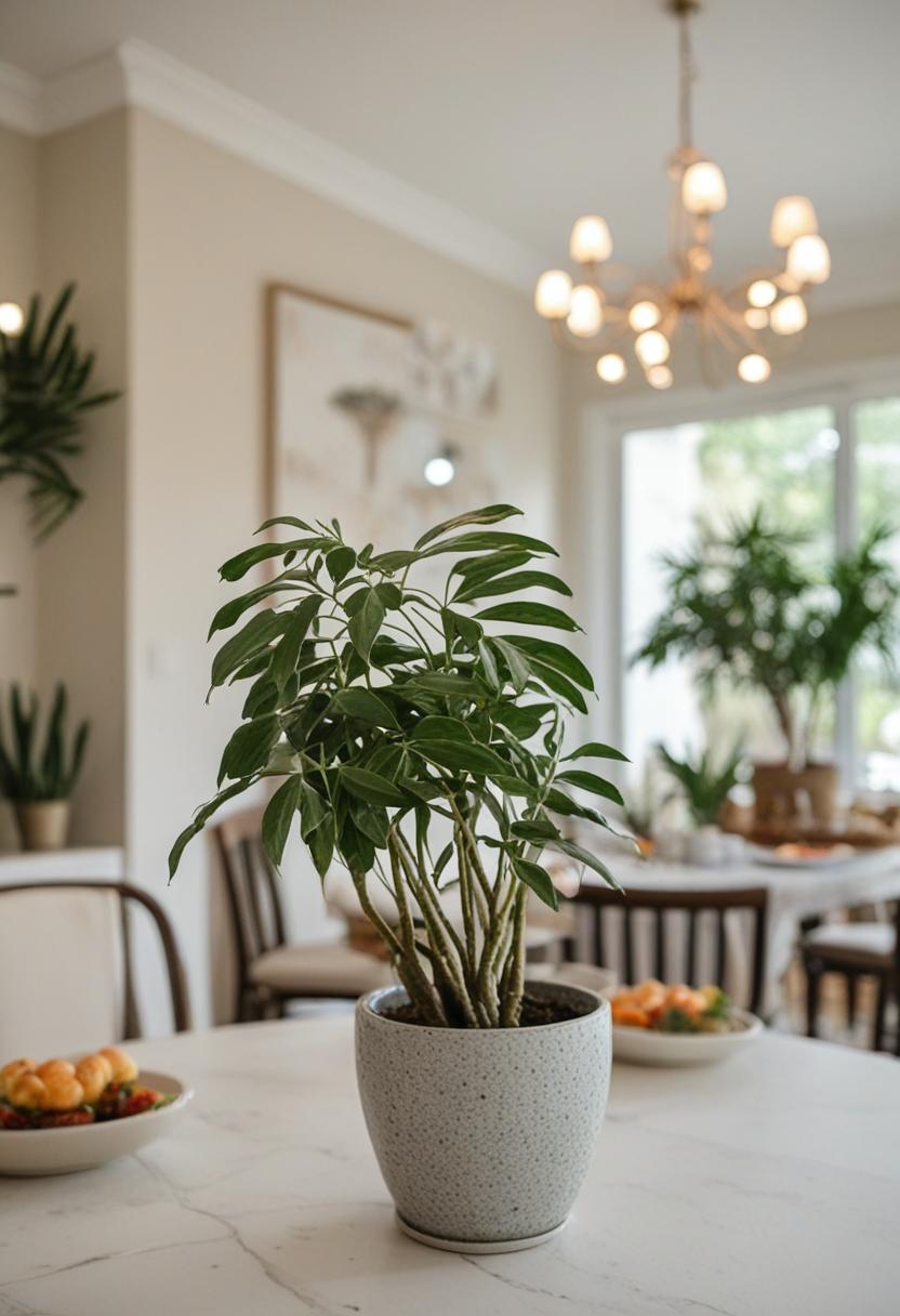 Elegant dining room with lush plant arrangement.