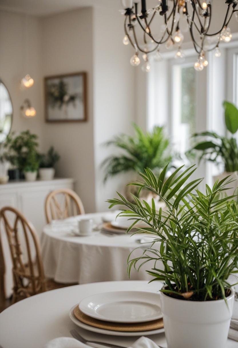 Elegant dining room with lush green plants and decorative accents.