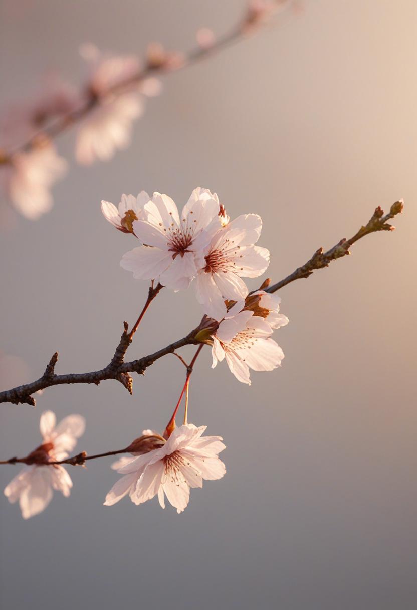 Cherry blossom glow in golden hour, minimalist side view.