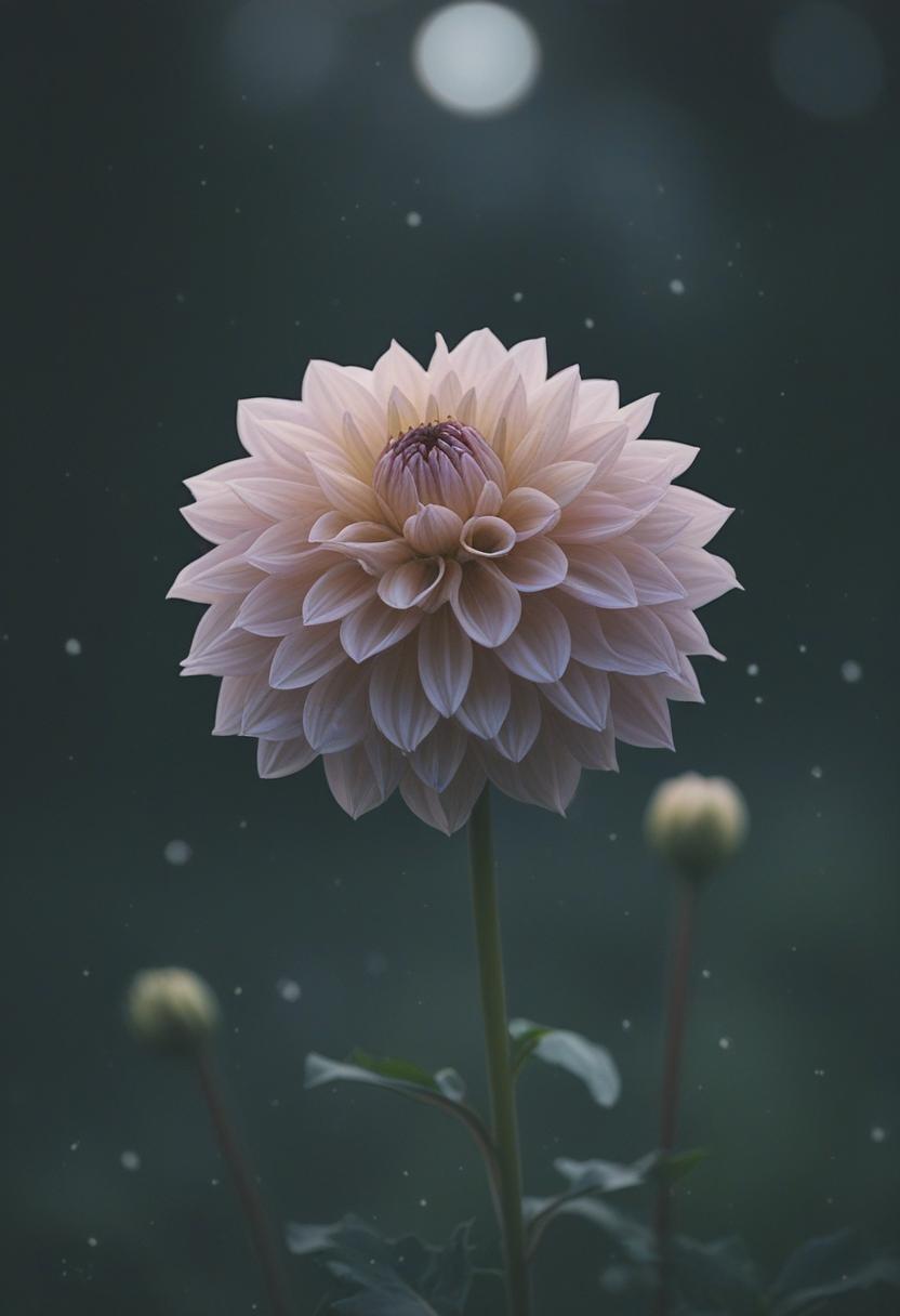 Moonlit dahlia in minimalist font style.