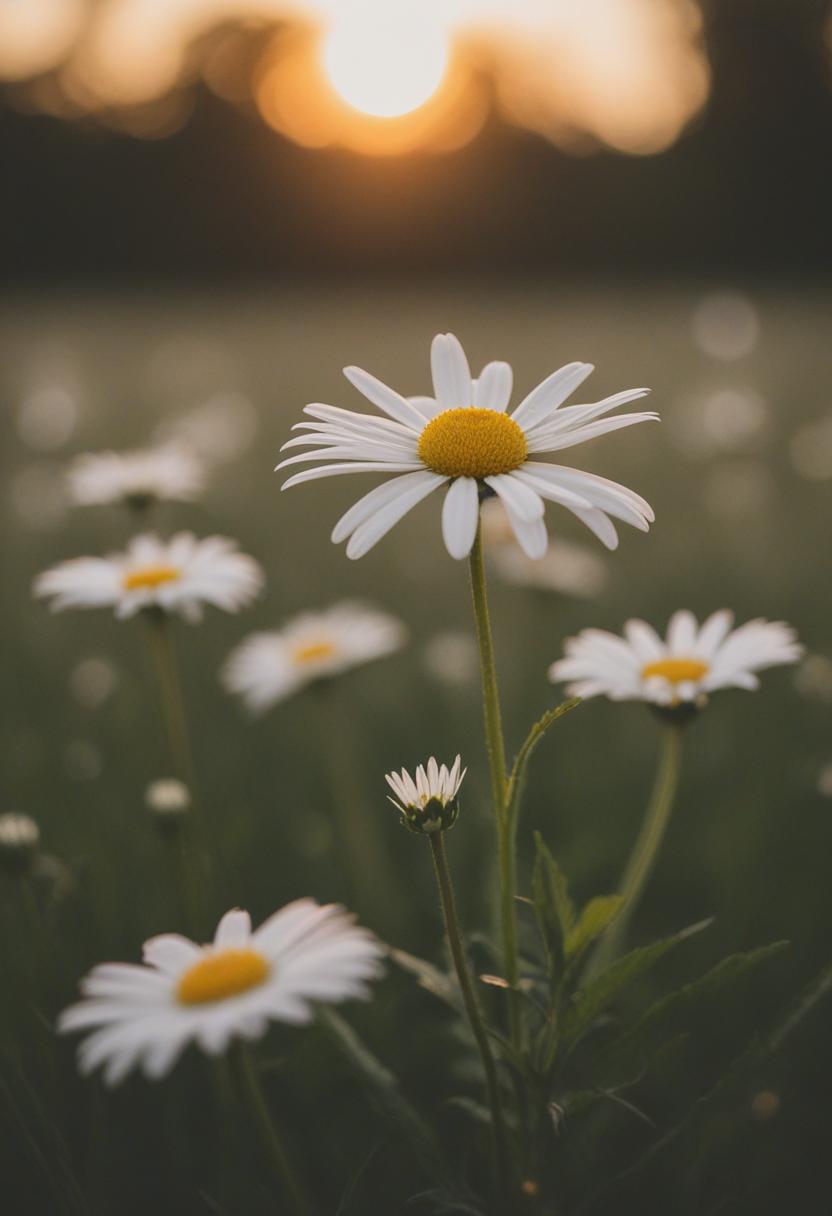Daisy fields under a golden sunset.