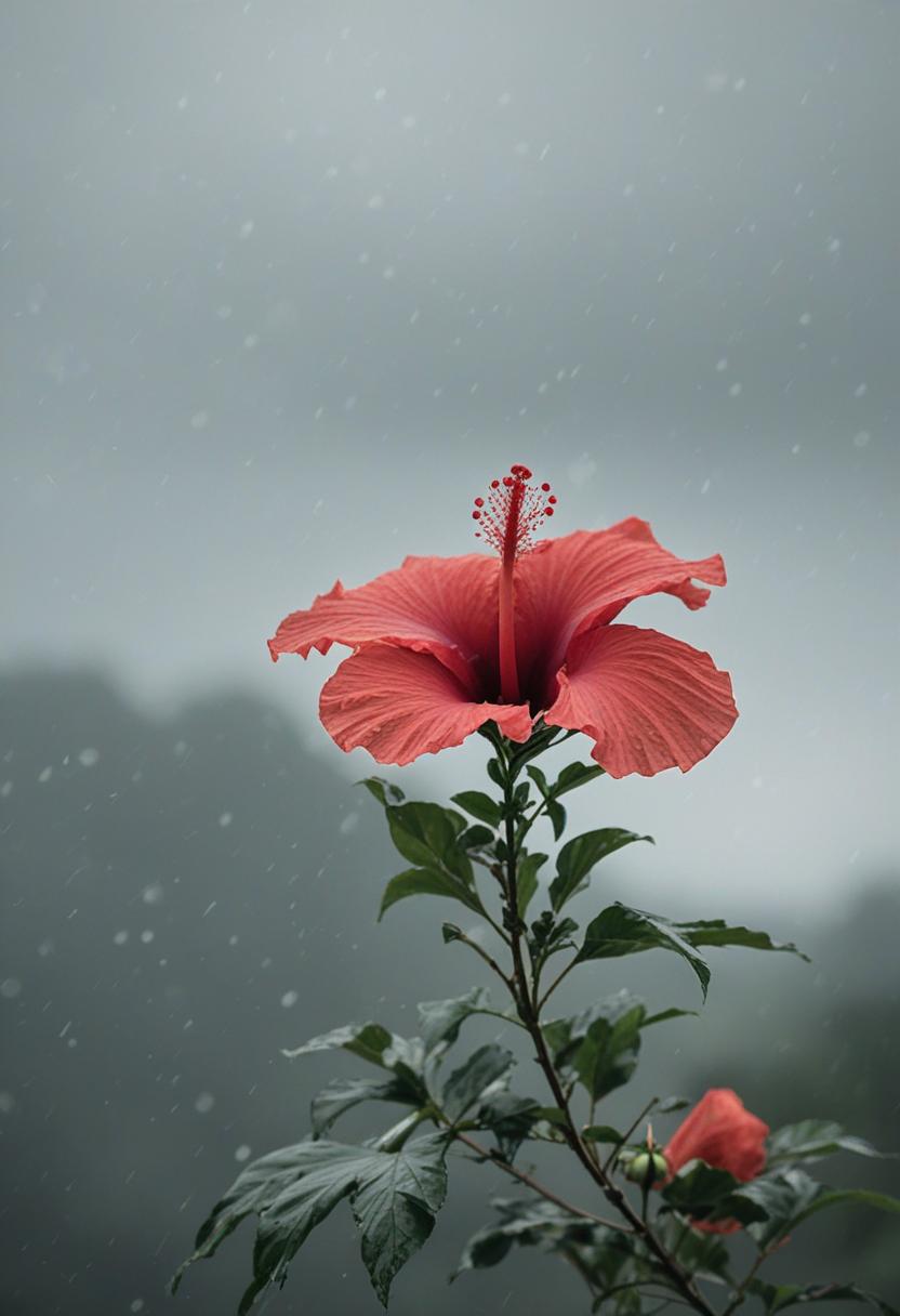Soft hibiscus blooms under grey skies in a minimalist scene.
