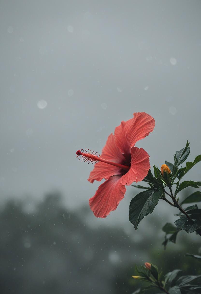 Soft hibiscus in cloudy, minimalist overcast sky.