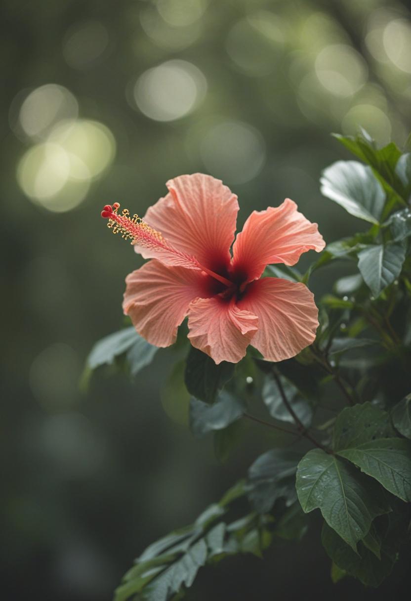 Soft light highlights minimalist hibiscus in forest setting.