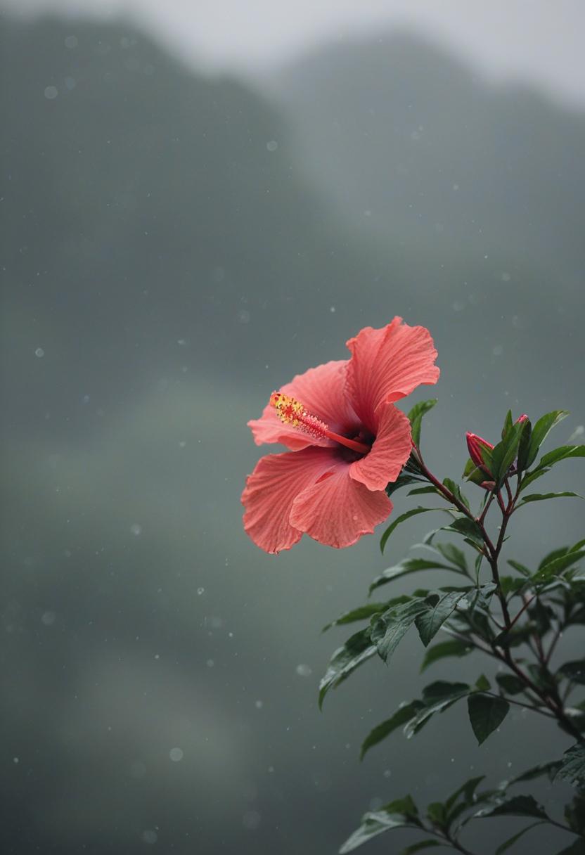 Soft hibiscus blooms under cloudy skies in minimalist scenery.