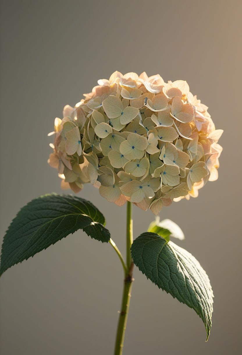 Golden hour hydrangea in minimalist studio shot.