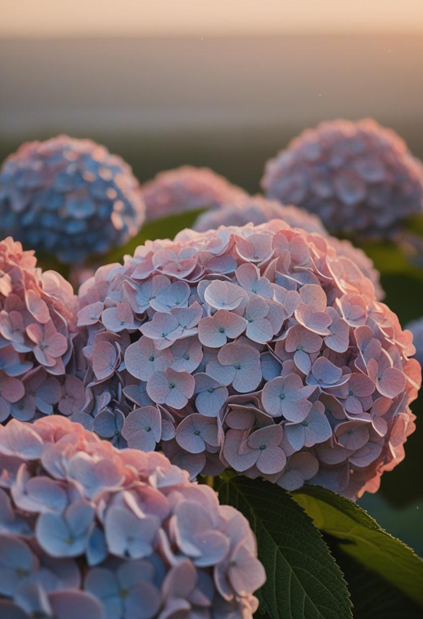 Soft sunset hues over minimalist hydrangea blooms.